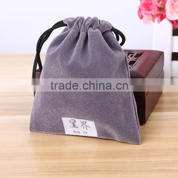 Best Quality Coffe color Velvet Jewelry Pouch Gem Packing Bags with label/ flocking printed fabric pouch