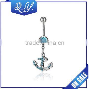 Stainless steel body piercing jewelry blue and white crystal navel belly button ring anchor shape navel jewelry china wholesale