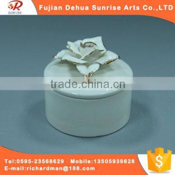 White glazed ceramic round style jewelry box