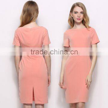 Women's Round Neck Pink Color Short Sleeve Chiffon Back Split Up Bodycon Dress OEM Supplier Factory Guangzhou