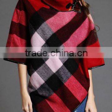 Fashion lady turtle neck Jacquard knitted pullover poncho with Horn Button