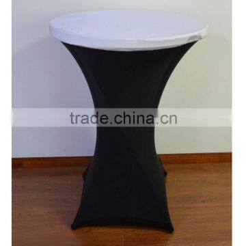 Black cocktail table cover/table cloth with white spandex table topper