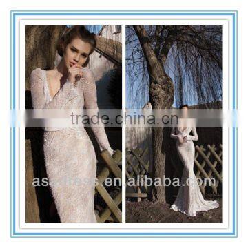 2014 New Style Deep V-Neckline Long Sleeve Mermaid Dress Wedding Anniversary Dresses (WDID-1001)