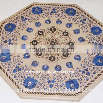 Pink Marble Inlay Octagonal Coffee Table Top, Marble Decorative Table Tops