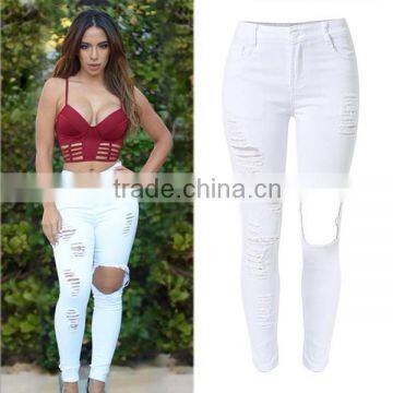 2016 Summer Fashion Women Skinny Baggy Jean Pants Ladies Sexy White Tearing Holes Stretch High Waist Ripped Jeans Pent Style