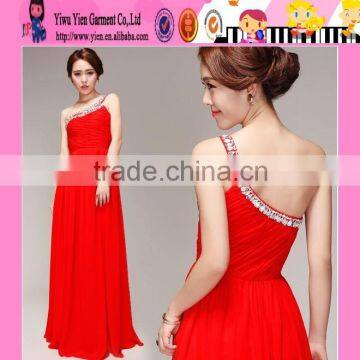 New Arrivals Elegant Red One Shoulder Bead Design Evening Dress Woman's Latest Sleeveless Bead Design Evening Dress