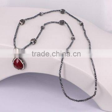 Pave Crystal Beads Hematite Beaded Necklace, Waterdrop Gem Stone Pendant Necklace photo-4