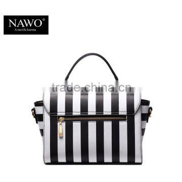 Striped Design Women Handbag Leather Tote Bag Lock Metal Buckle