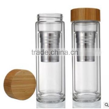 400 ml/260ml Portable Drinking Glass Water Tea Infuser Bottle with bamboo lid ,double wall certification high borosilicate glass