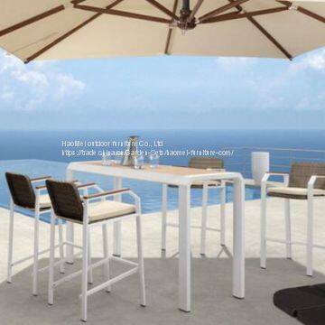 Garden set Bar table And Bar chair Aluminum Frame PE Flat Rattan Weave Teak wood Armrest+5cm Cushion