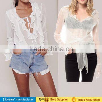 2017 sexy summer beach cover up long sleeve sheer mesh tops white see through blouse for women