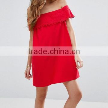 Fashion Women Elegant Vintage Sweet Lace Red Dress Stylish Sexy Slash Neck Casual Slim Beach Summer Sundress Vestidos