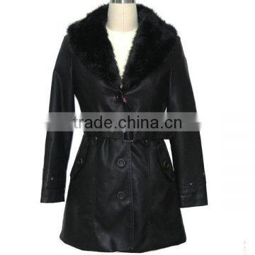 Leather warm coat , long leather outwear with fur collar for women