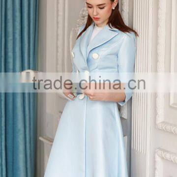 Classic Elegant Ladies Pinched Waist Solid Color Double Breasted Long Windbreaker Wind Coat photo-2