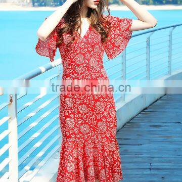 Maxnegio Floral Print Bohemian Dress v Neck Border Print Fabric Dress photo-2
