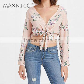 Maxnegio flower print V neck woman blouse ladies crop top