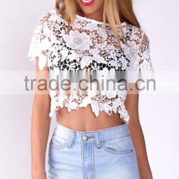 100% Polyester Short Sleeve Round Neck Crop Top,elegant Fashion Lace Top photo-6