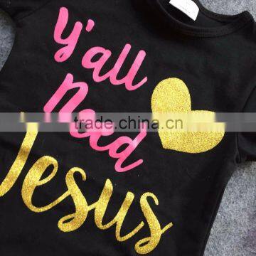 New Arrival Girls Spring Stuff Short Sleeves Jesus Shirt Gold Dot Capris With Matching Headband and Necklace Set photo-2