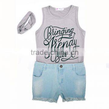 Wholesale 3 pieces kids t shirt casual beach wear set w/ headband