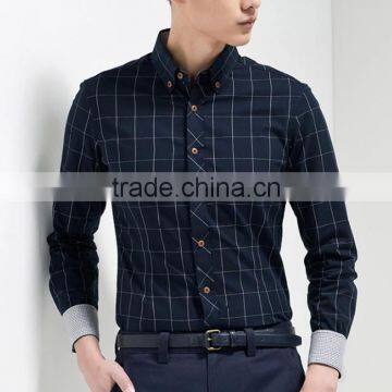 2016 Navy Blue Men Button Down Plaid Slim Fit Casual Shirt