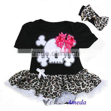 Newborn Baby Black Leopard Halloween Skull Bodysuit Romper Pettiskirt Tutu Headband 2pcs 0-18M