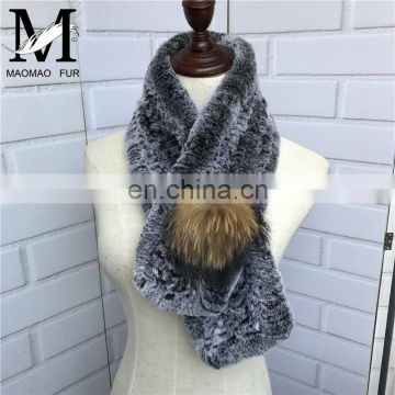 New Products Fashion Real Rex Rabbit Fur Knitting Scarf With Raccoon Fur Ball Large Scarf