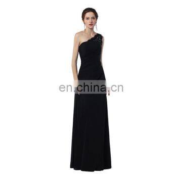 A Line Free Shipping Black Sleeveless Beaded Floor Length One Shoulder Zipper Satin Women Prom Dress