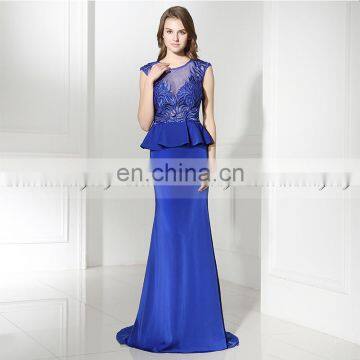 New Fashion Cap Sleeve Embroidered Beaded Royal Blue Mermaid Puplum Evening Dresses LX369