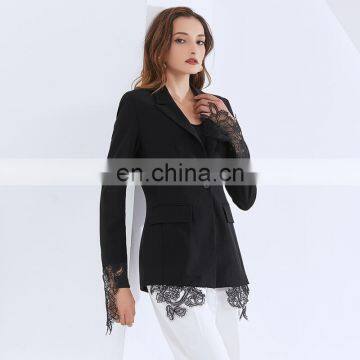 TWOTWINSTYLE Casual Patchwork Lace Blazer For Women Notched Long Sleeve Black Blazers photo-3