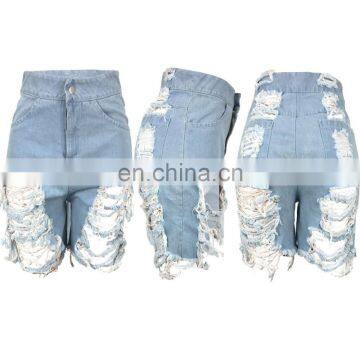 Wholesale washed blue Hollow Out holes jeans denim shorts for women