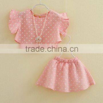 Girls Summer Outfits 2016 Girl Polka Dot Fabric Flutter Sleeve Shirt Top and Skirt photo-2