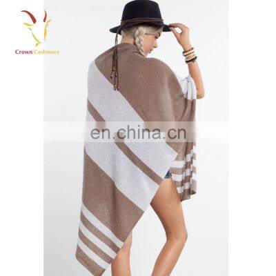 Cashmere Wool Knitted Poncho Shawls With Buttons Stripe Color Block Shawl photo-4