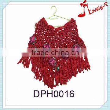 2015 Hand knitting china red little girl's pullover poncho sweater patterns crochet poncho with tassels