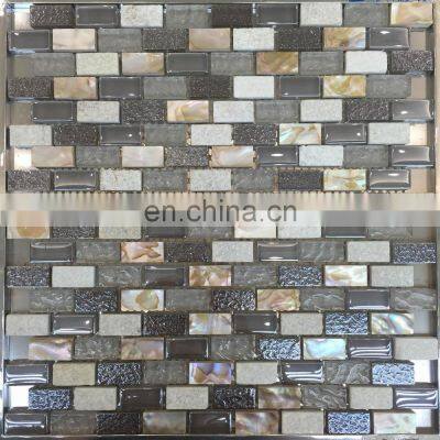 Foshan Kitchen Backsplash Texture Strip Mix material Stainless Steel Glass Mix Stone Mosaic tile