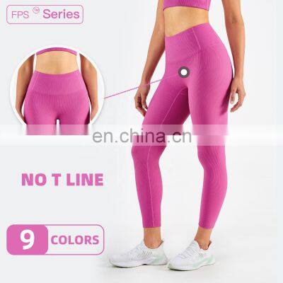 One Piece Cutting High Quality Tummy Control Workout Leggings For Women Stripe Tight Yoga Pants