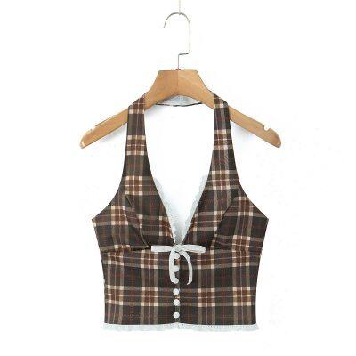 Summer New Style Fashionable and Sexy French-style Sweet Retro Checkered Neckless Backless Top photo-4