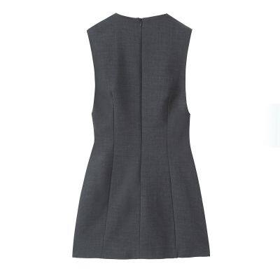 Autumn New Women's Solid Color Pullover Sleeveless Dress With Deep V-neck and Cinched Waist, Short Length