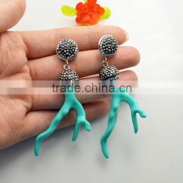 LFD-077E Wholesale Fashion New 5Pair Blue Coral Branch Shape Dangle Earrings with Crystal Rhinestone Paved Druzy Jewelry Earring