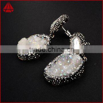 Natural Freshwater Pearl Earrings With 18k Gold Plated, Hanging Stick Druzy Geode Earrings With Black Diamonds Paved on Edge photo-2