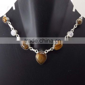 Tiger Eye, Rainbow Moonstone Necklace plated 925 Sterling Silver 24 Gms 18-20 Inches