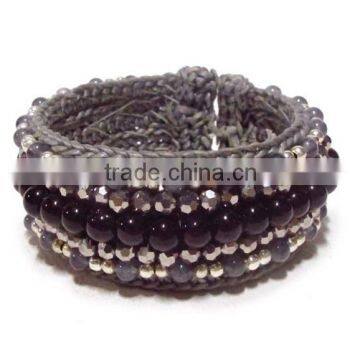 MMCF499A054 Handmade in Thailand Handwoven Black Onyx Stone Beaded Bracelet Boho Fashion Jewelry Semiprecious Stone Summer 2016