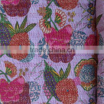 Tropical Print Kantha Quilt Cotton Handmade Bedding Indian Ethnic Bedspread Boho Bed Cover