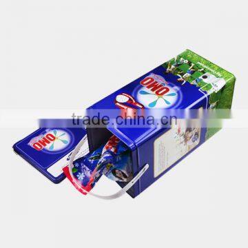 Rectangular tall laundry powder tin box with handle