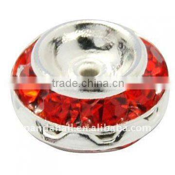 Rhinestone Beads, Copper, Grade "A", Flat Round, Silver Metal Color, Red, about 9x5mm, hole: 1mm(RB-H039-3)