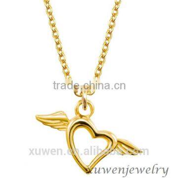 gold accent girl's stainless steel double angel wings heart necklace