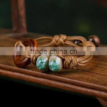 Weian Green handmade wrap leather ceramic bead bracelet