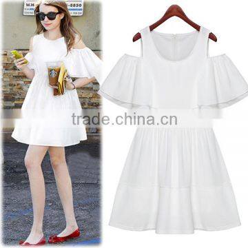 2016 Summer Women White Chiffon Celebrity Dresses Patchwork Short Ruffle Sleeve Princess Dress Off Shoulder Zipper Back Sundress