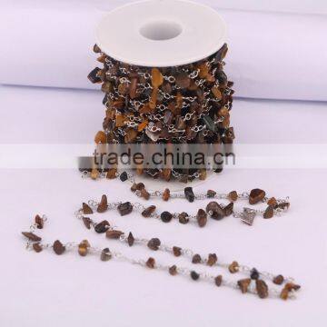 Meters Tiger Eye Stone Beads Wire Wrapped Chip Beaded Chain, Silver Plated Wire Wrapped Rosary Chain photo-2