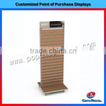 Wholesale retail store floor wood display stand slatwall with wheels
