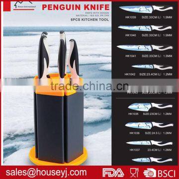 5 pcs kitchen knife set with plastic rotatable knife block blade with printing coating